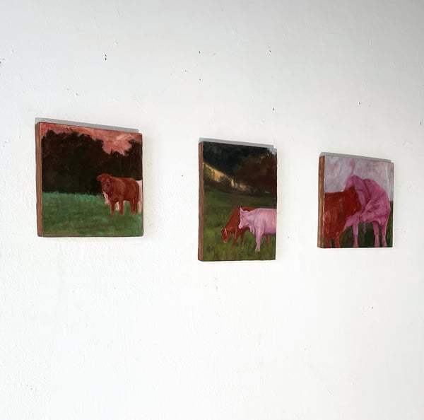 Vaches du Loir-et-Cher — huile sur toile, support en bois et terre crue, peinture de Sarah Jacquin